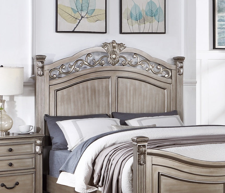 Formal Traditional Antique Silver 1pc California King Size Bed Unique Design Headboard Footboard Bedframe