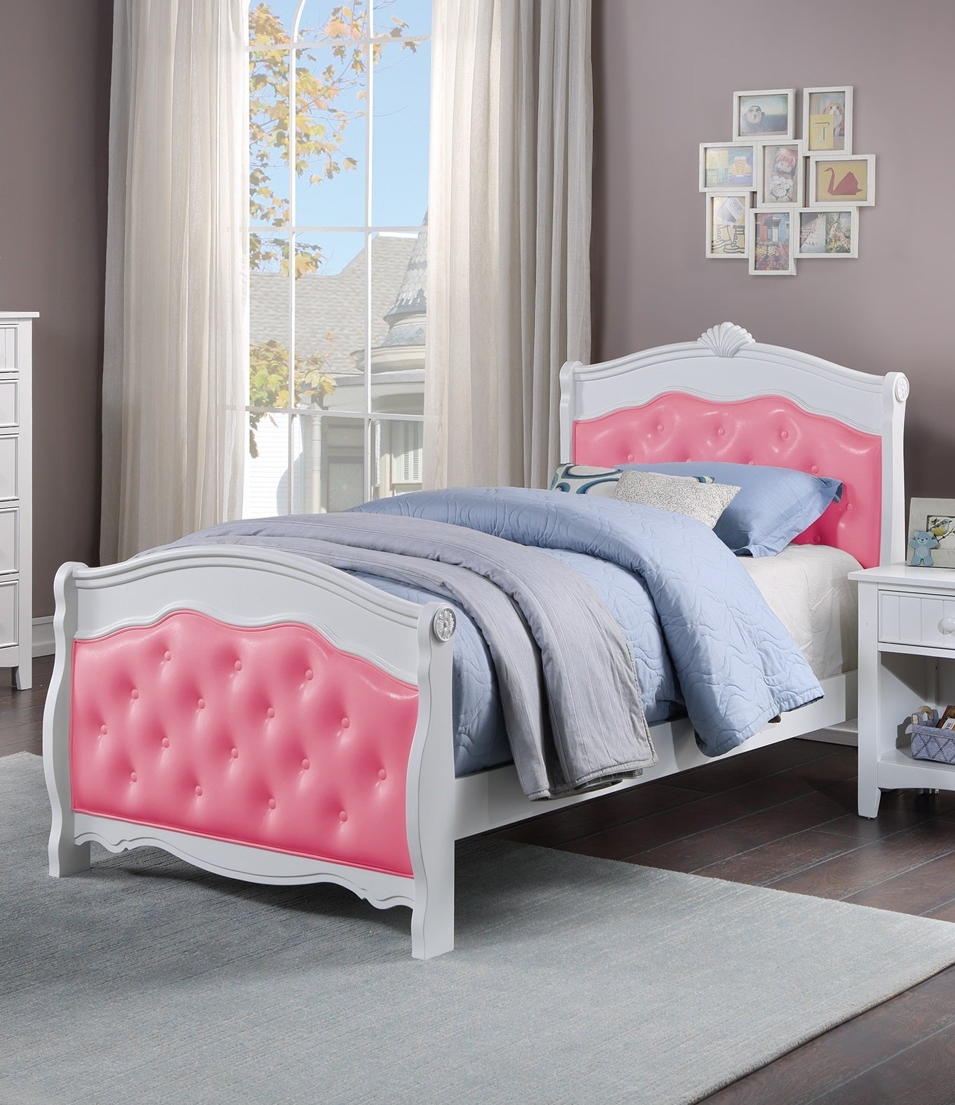 Lit pleine grandeur blanc, meubles de chambre à coucher pour jeunes, tête de lit en Faux cuir rose, pied de lit en contreplaqué, 1 pièce, cadre de lit