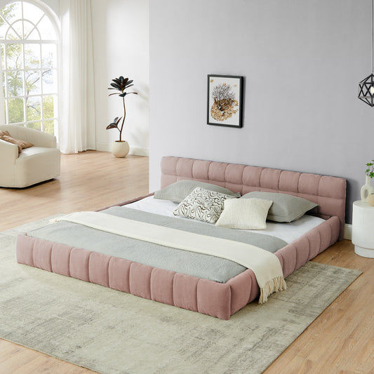 King size  Upholstered Bed Frame with Thick Fabric, Chenille Fabric Grounded Queen Size Platform Bed with Headboard and Solid Frame. No Box Spring Needed-Pink(88.5''*85.5''*24'')