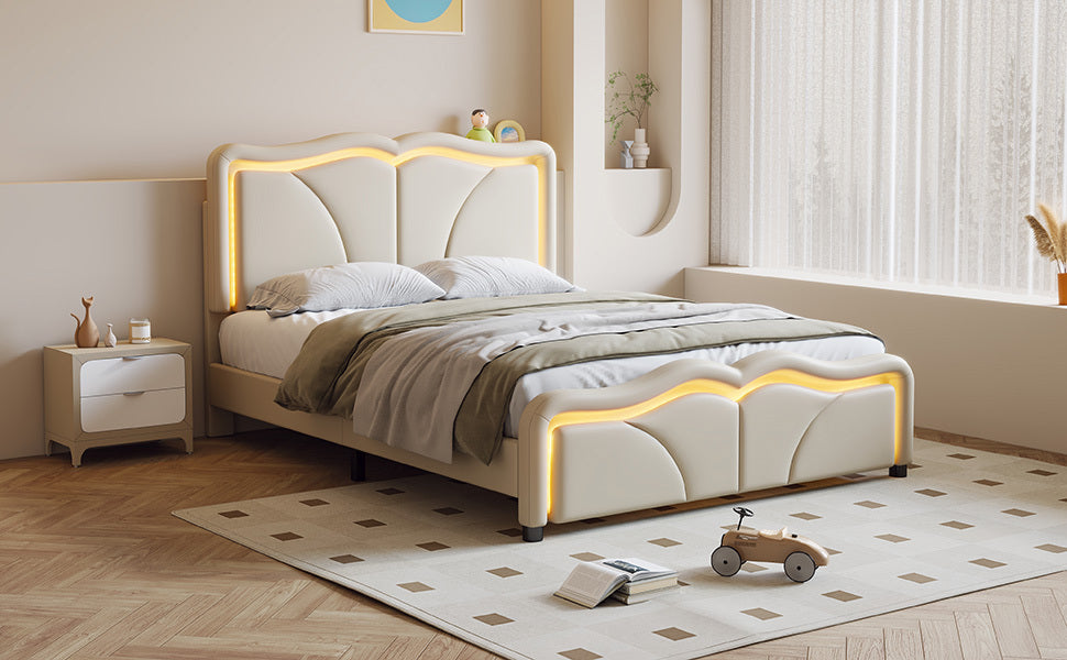 Full Size Upholstered Platform Bed with Curve Shaped and Height-adjustbale Headboard,LED Light Strips,White