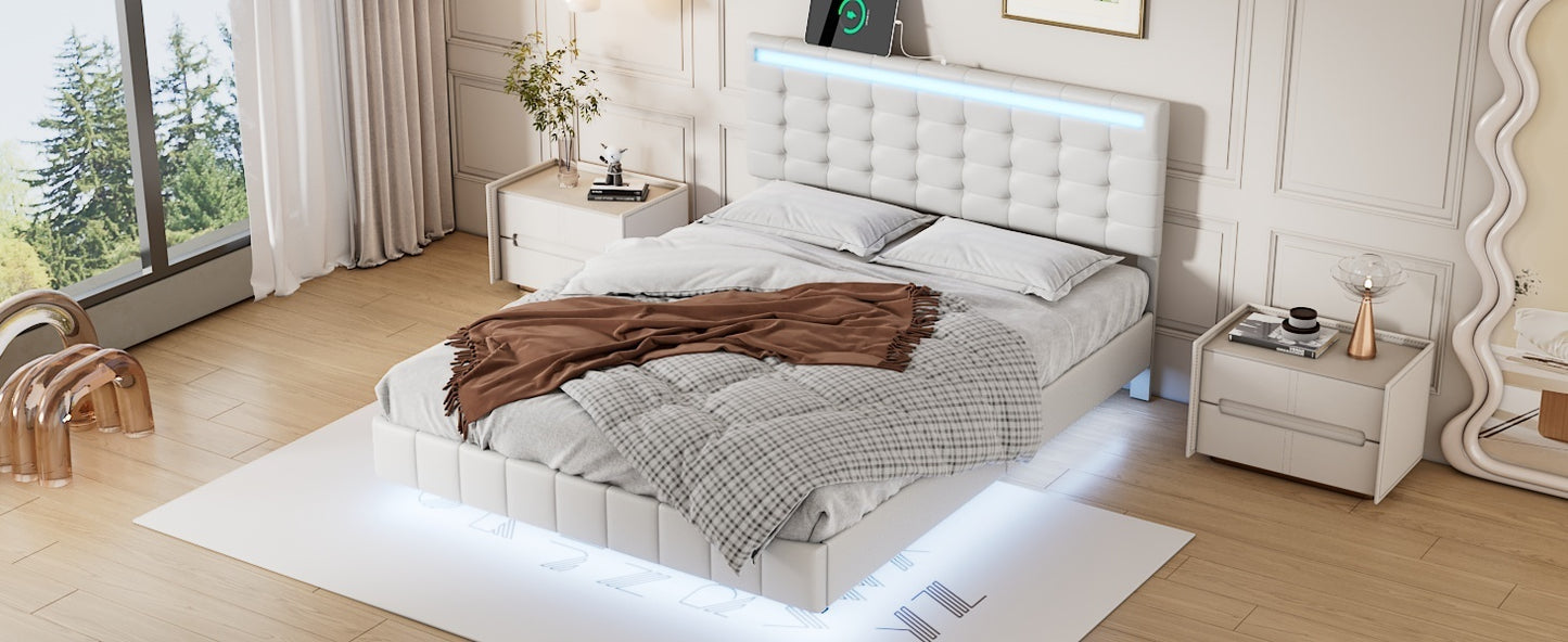 Full Size Floating Bed Frame with LED Lights and USB Charging,Modern Upholstered Platform LED Bed Frame,White(Full)