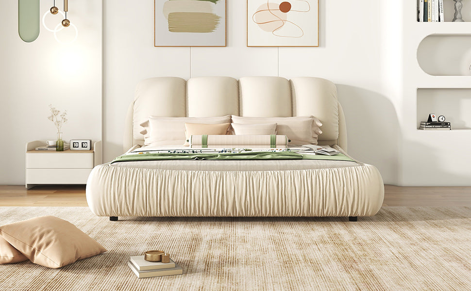 King Size Luxury Upholstered Bed with Thick Headboard, Velvet King Bed with Oversized Padded Backrest, Beige(Expect Arrive date 2024/3/12)