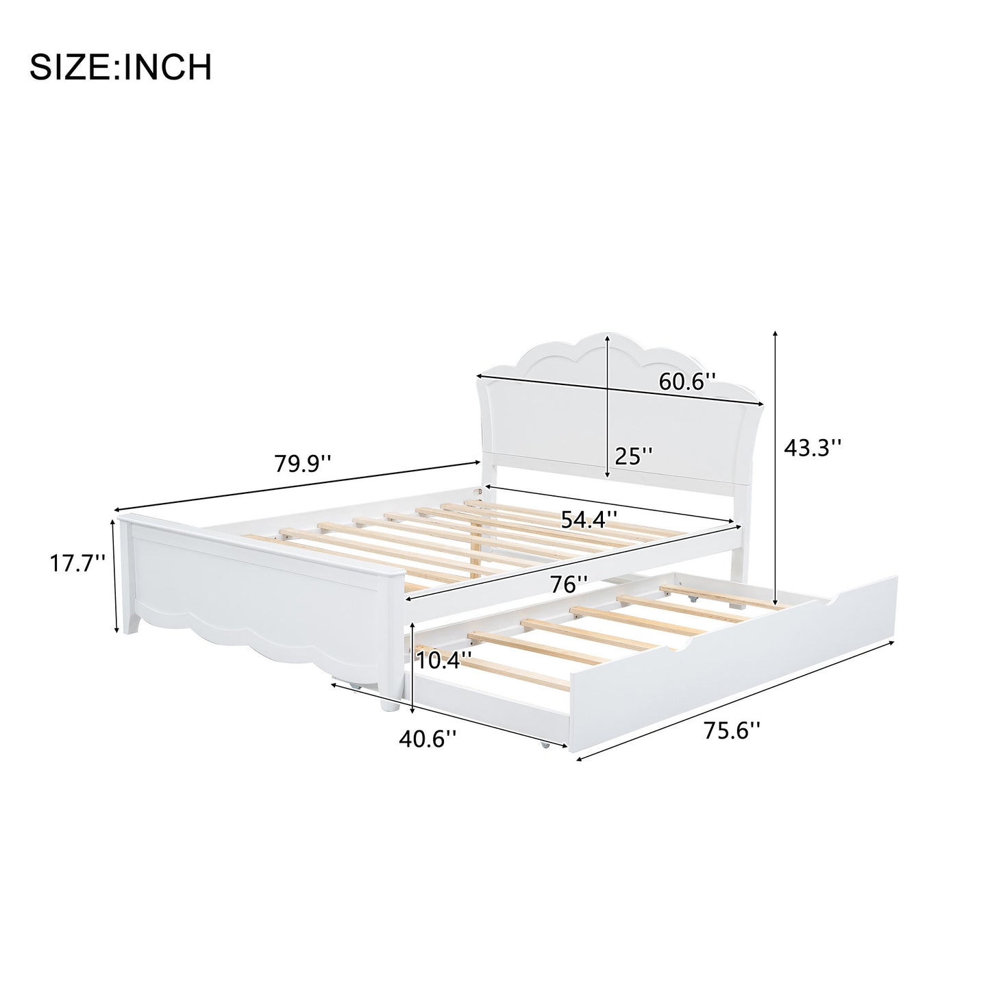 Full Size Wood Platform Bed with Headboard and Twin Size Trundle, White