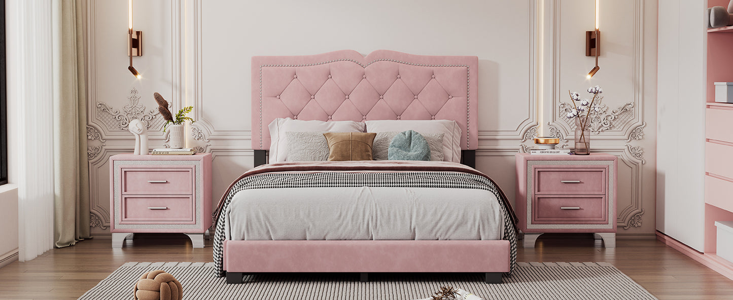 Full Size Upholstered Bed Frame with Rivet Design, Modern Velvet Platform Bed with Tufted Headboard,Pink