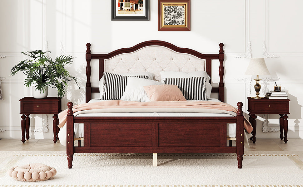 Queen Pine wooden Bed with Upholstered Headboard  and Panel Footboard, with  Two Bed Rail Support Feet and Central Platform Support Feet ,Classic Cherry