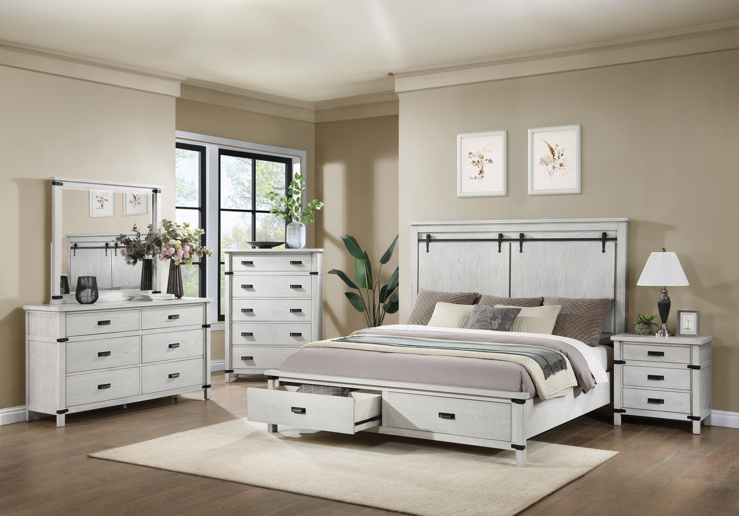 Modern Style Queen Bed Made with Wood in Antique White