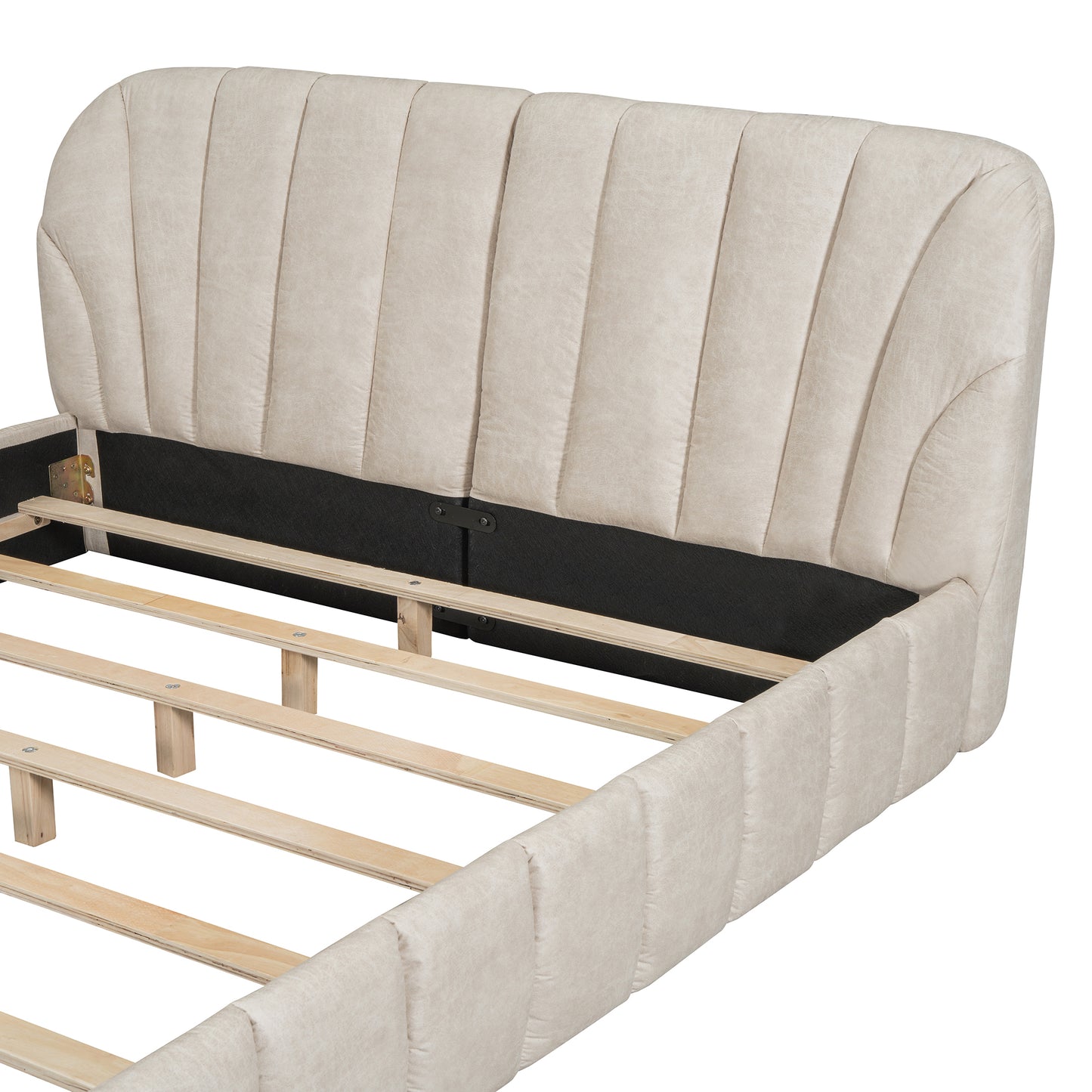 Queen Size Upholstered Platform Bed with Thick Fabric, Polyester, Beige