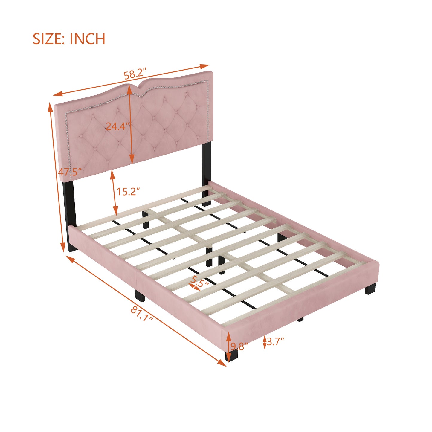 Full Size Upholstered Bed Frame with Rivet Design, Modern Velvet Platform Bed with Tufted Headboard,Pink