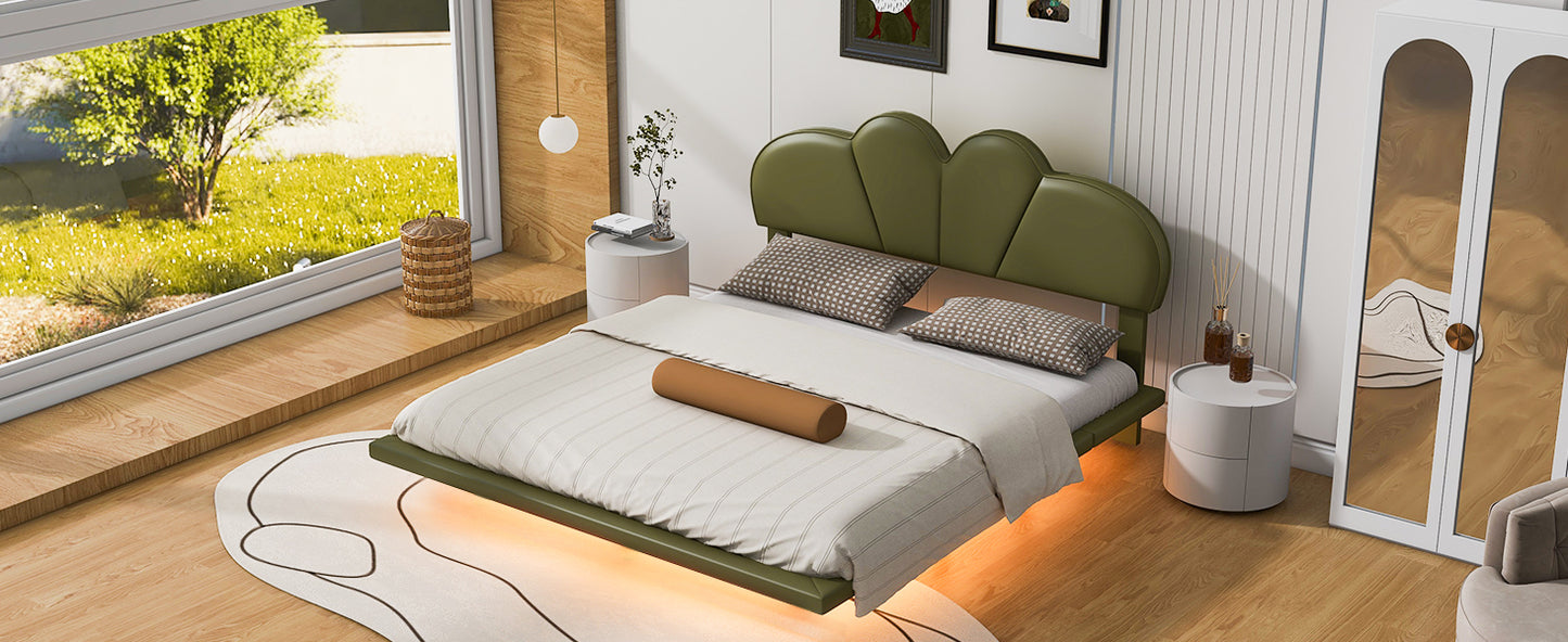 Full Size Upholstery LED Floating Bed with PU Leather Headboard and Support Legs,Green