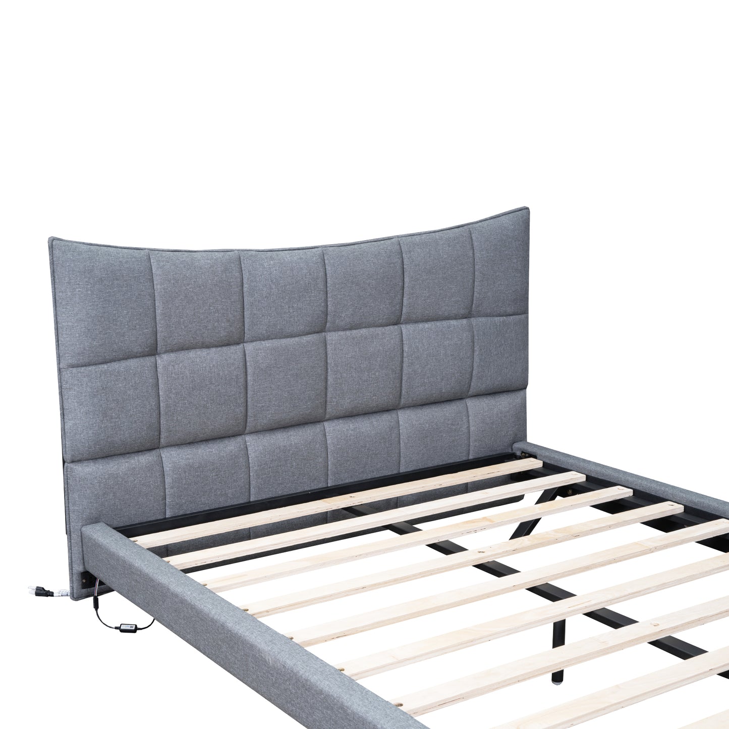 Full Size Upholstered Platform Bed with LED Lights,USB Ports and Outlets,Linen Fabric,Gray