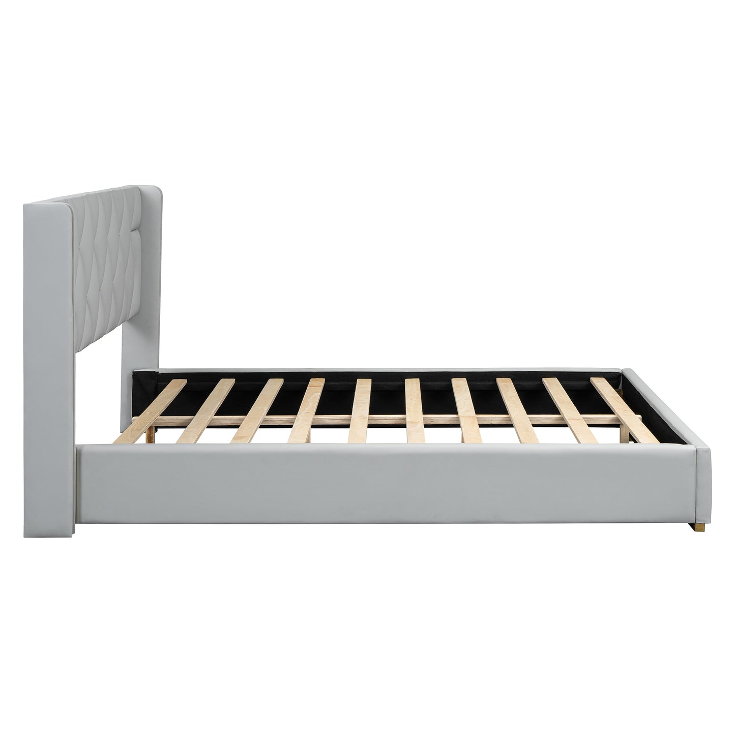 Queen Size Upholstered Platform Bed with Metal Strips, Off-white