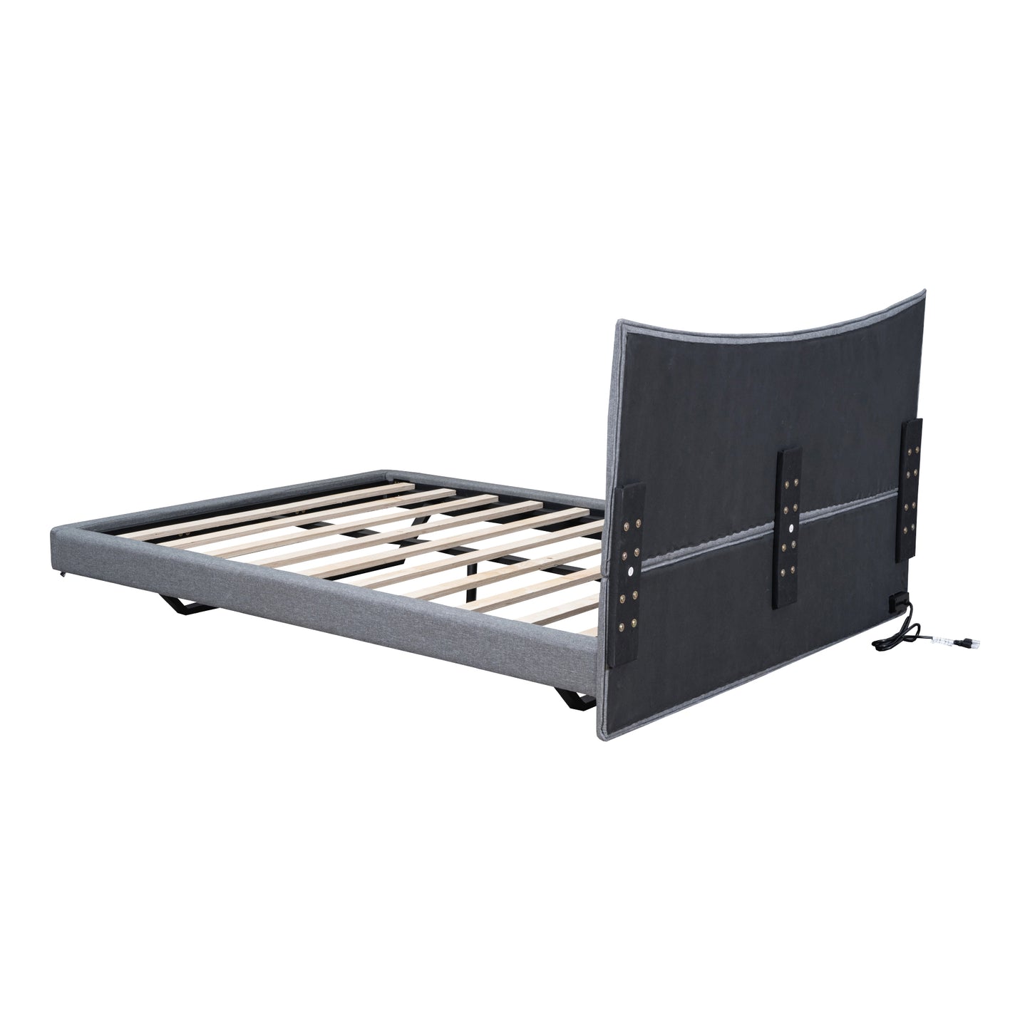 Full Size Upholstered Platform Bed with LED Lights,USB Ports and Outlets,Linen Fabric,Gray