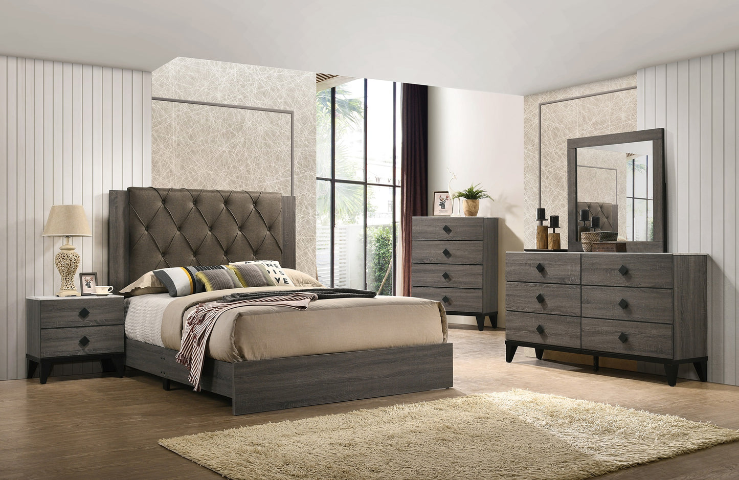 Contemporary 1pc California King Size Bed Bedroom Furniture Tufted Design Headboard Rubberwood 1pc Bedframe Gray Finish