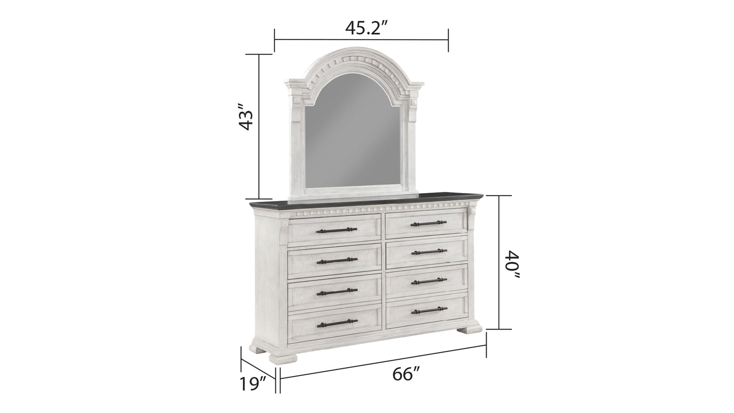 Juego de dormitorio de estilo transicional de 5 piezas tamaño queen fabricado con madera en color blanco antiguo