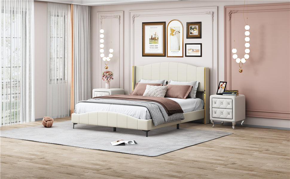 3 Pieces  Bedroom Set with Queen Size PU Leather Upholstered Platform Bed and Elegant PU Nightstand with 2 Drawers , Beige