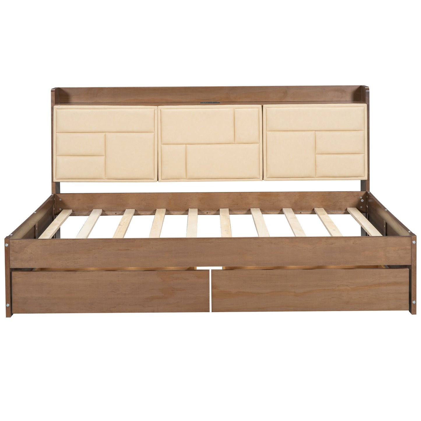 Full Size Wood Daybed with Upholstered Storage Shelves, USB Ports and 2 Drawers, Wood Color