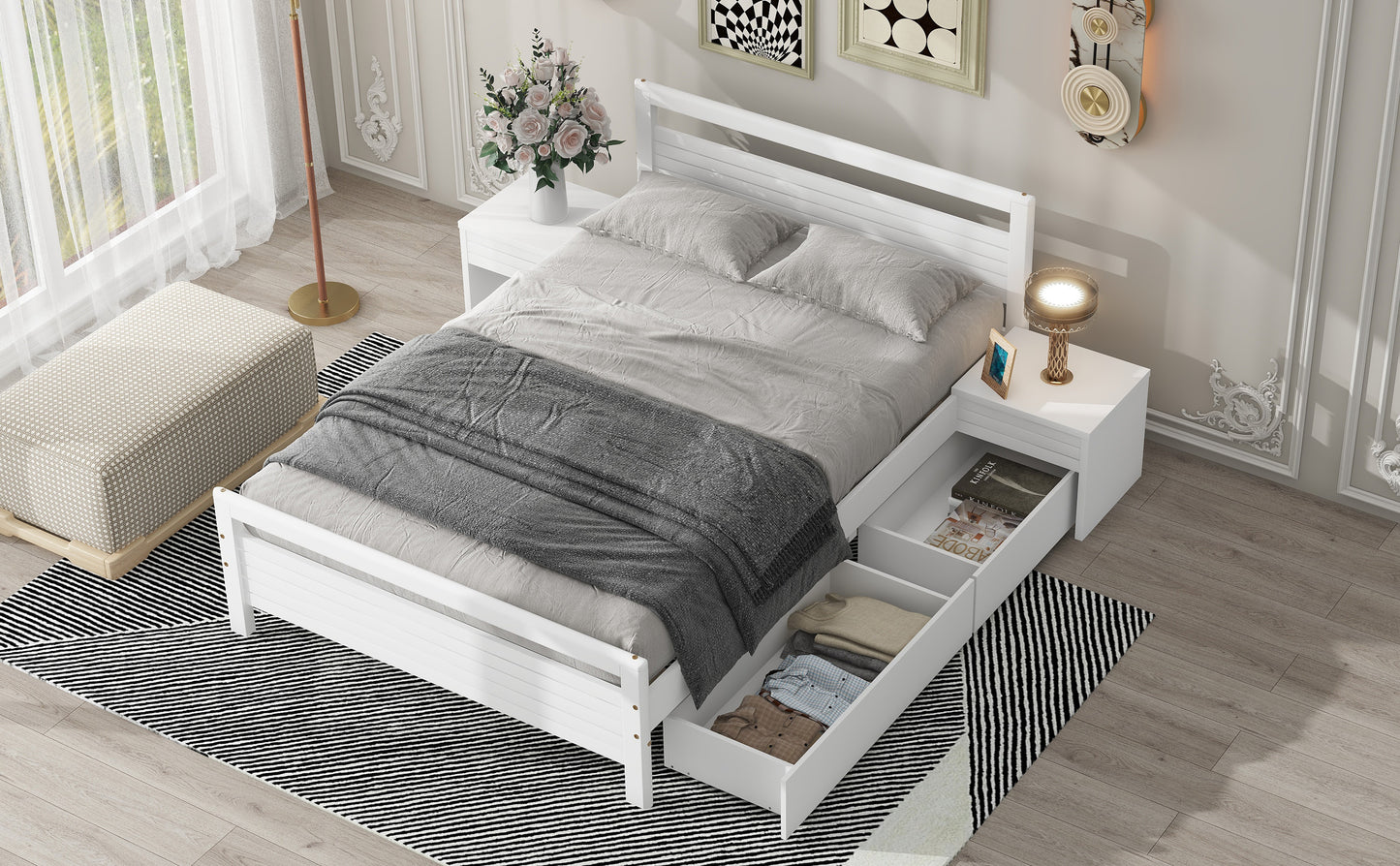 Full Size Wooden Platform Bed with 2 Storage Drawers and 2 bedside tables, White