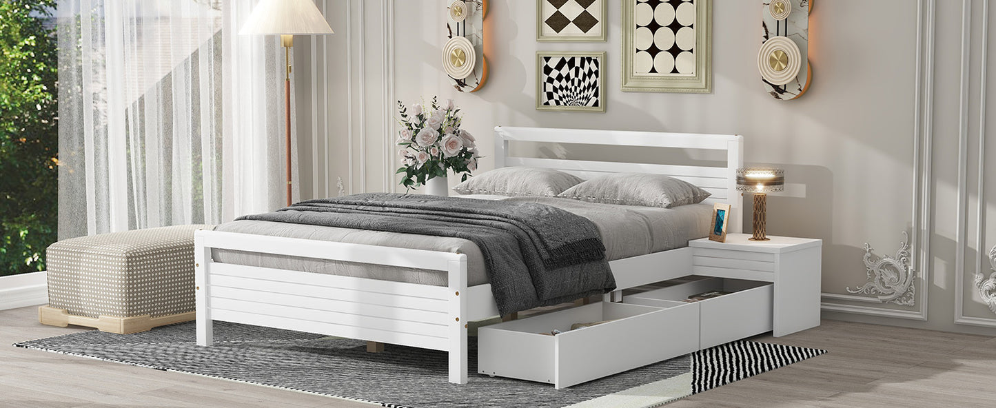 Full Size Wooden Platform Bed with 2 Storage Drawers and 2 bedside tables, White