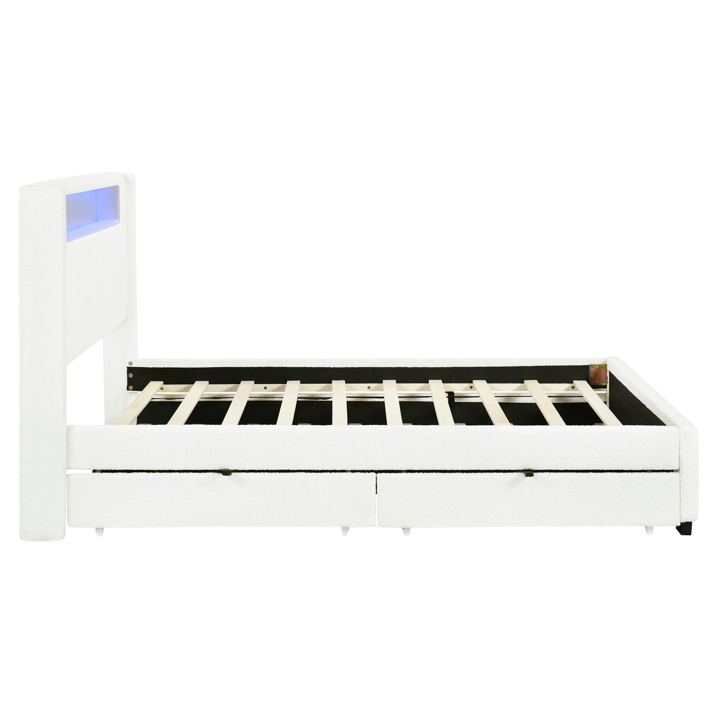 Full Size Upholstered Platform Bed with LED Frame, with Twin  Size Trundle and 2 drawers, Teddy Fleece, White