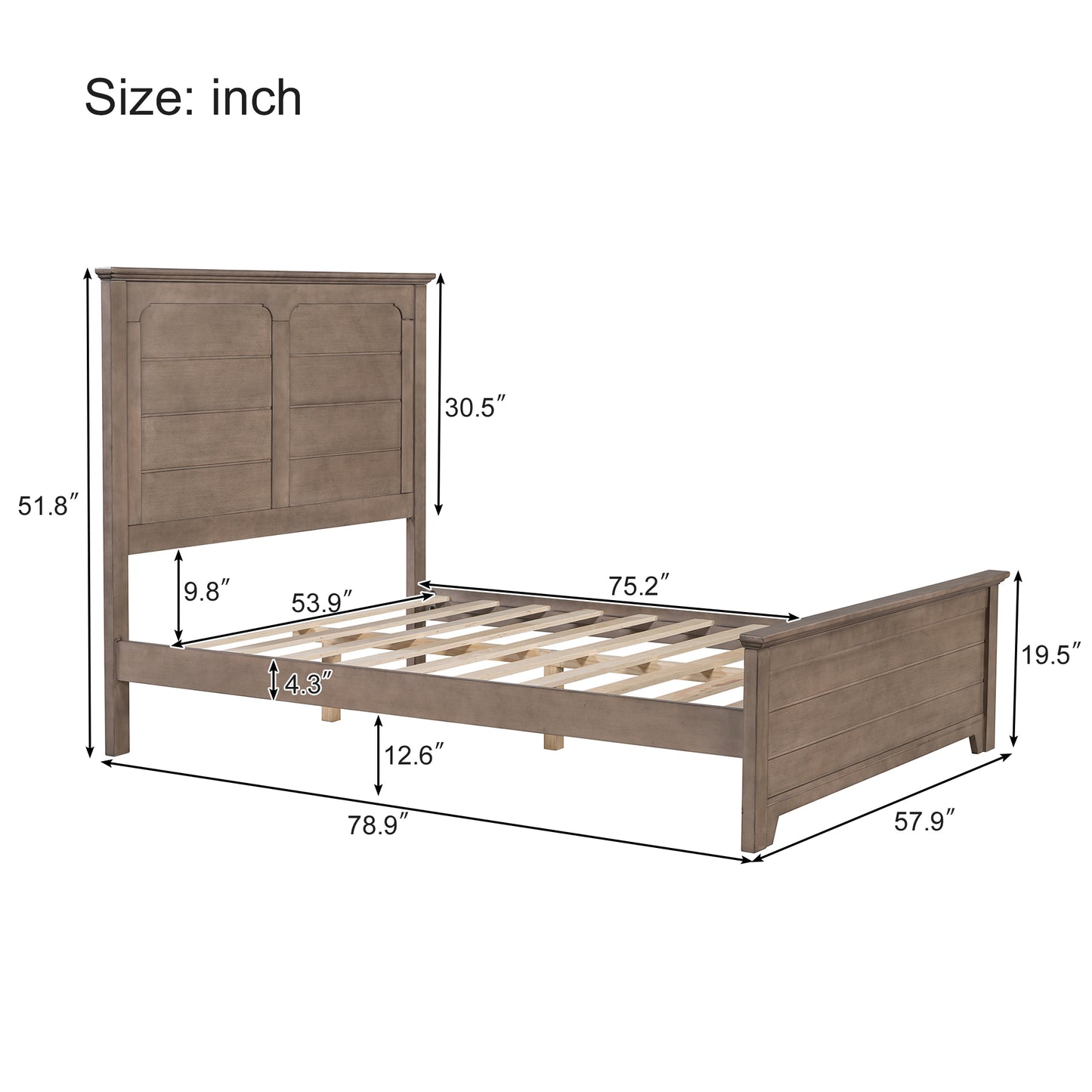 Farmhouse Wooden Platform Full Size Bed with Panel Design Headboard and Footboard for Teenager, Ash Brown