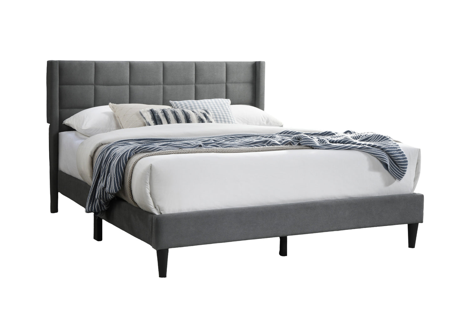 Elegant Modern Gray Brushed Linen 1pc Queen Size Bed Upholstered Box Design Headboard Bedframe