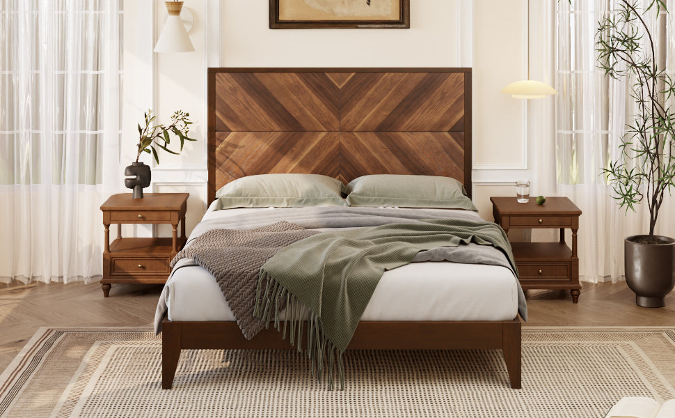 Mid-Century Modern Platform Bed Wood Slat Support with No Box Spring Needed,Queen, Walnut