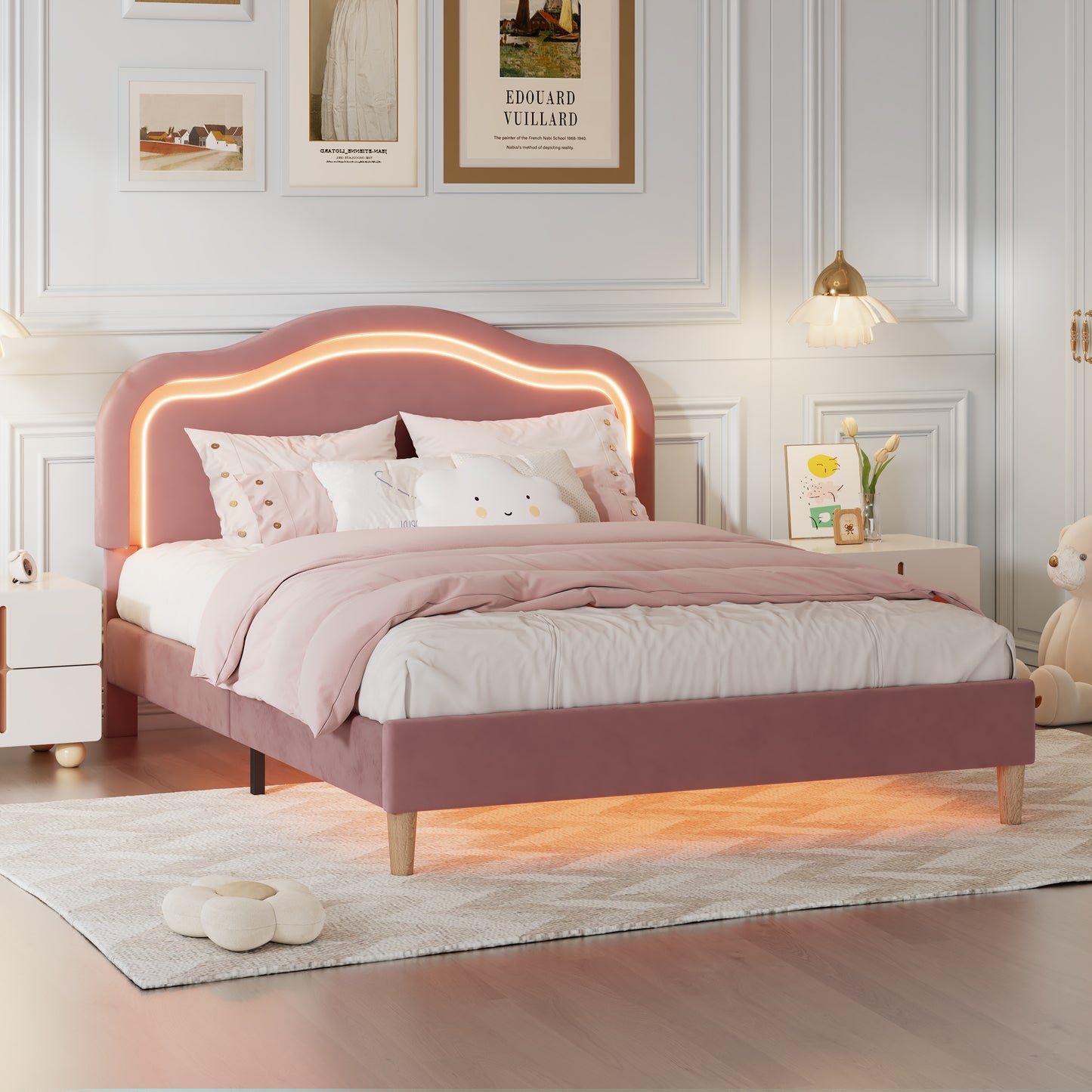 Full Size Velvet Upholstered Smart LED Bed Frame with Adjustable Height Headboard,No Box Spring Needed,Easy Assembly,Pink