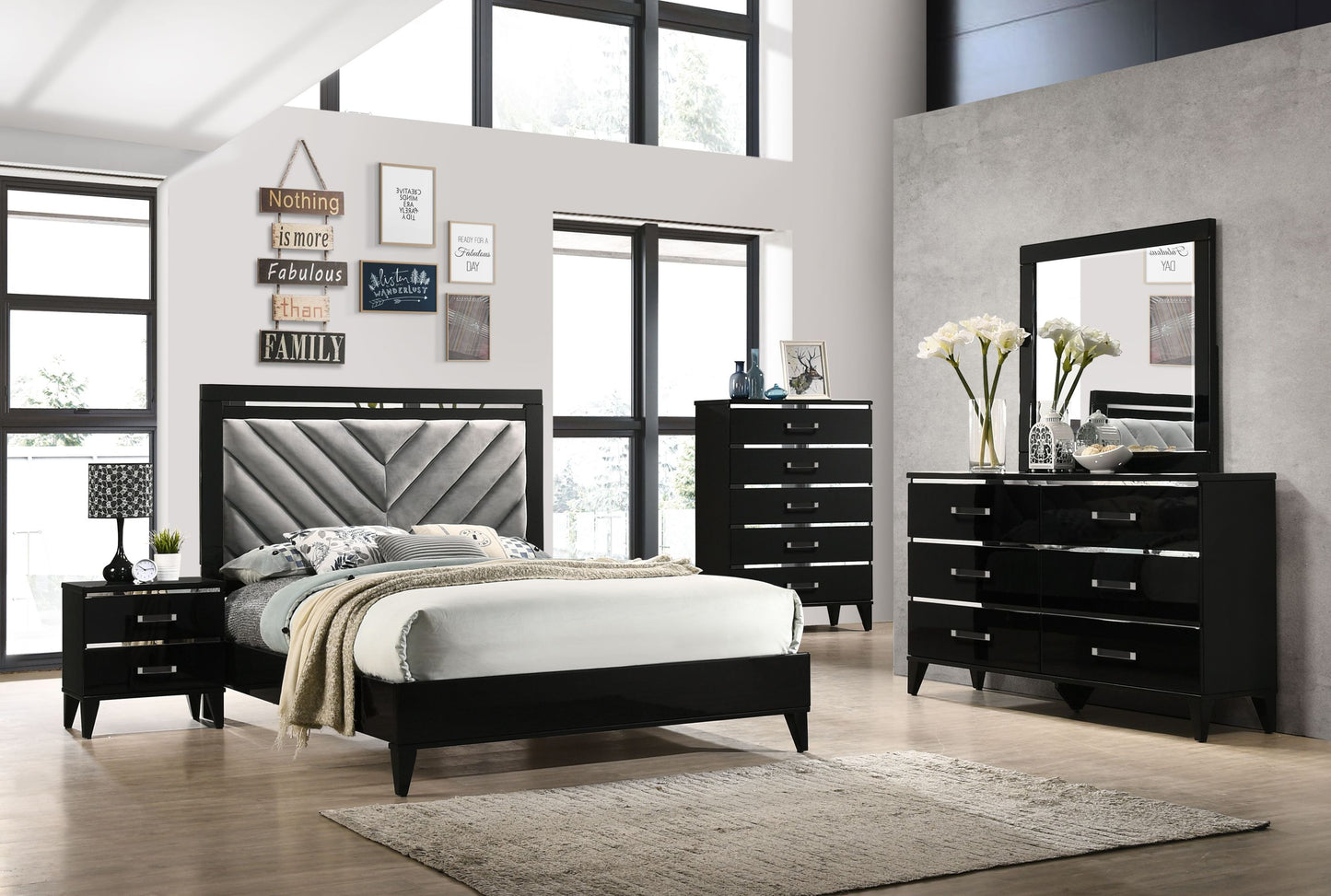 ACME Chelsie Queen Bed• Gray Fabric & Black Finish 27410Q