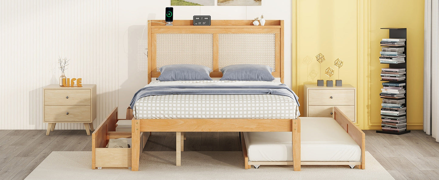 Full Size Elegant Bed Frame with Rattan Headboard and Sockets ,Natural