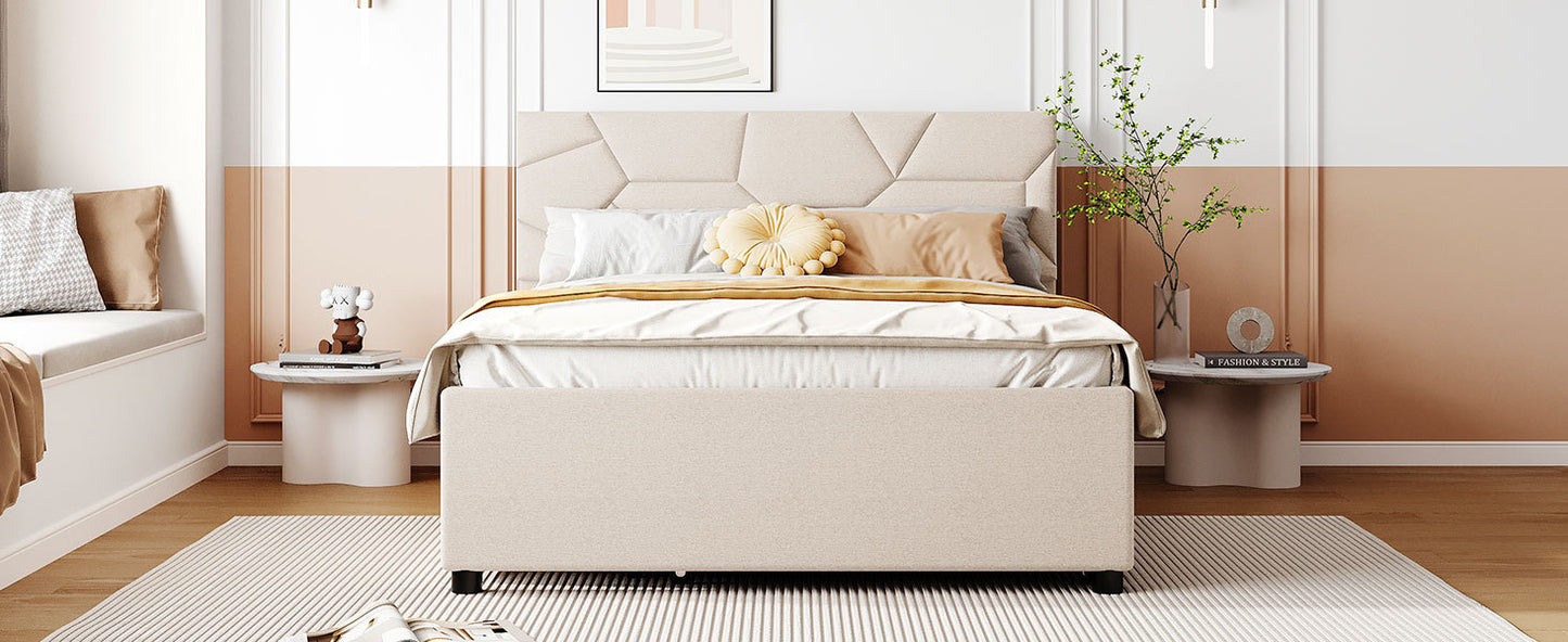 Full Size Upholstered Platform Bed with Brick Pattern Headboard, with Twin Size Trundle and 2 Drawers, Linen Fabric, Beige