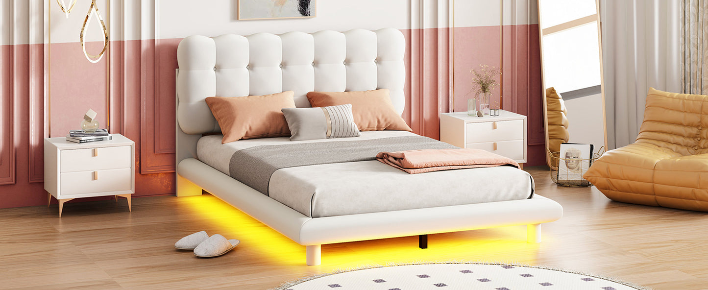 Full Size Velvet Platform Bed with LED Frame, Thick & Soft Fabric and Button-tufted Design Headboard, Beige