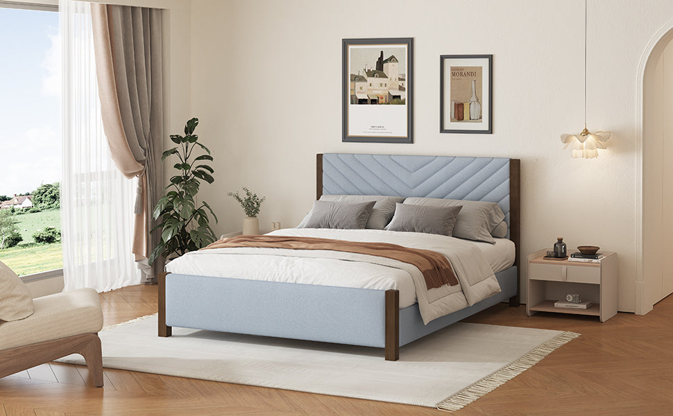 Modern Mid-Century Queen Upholstered Platform Bed Frame with Tufted Headboard and Solid Wood Legs,No Box Spring Needed,Gray