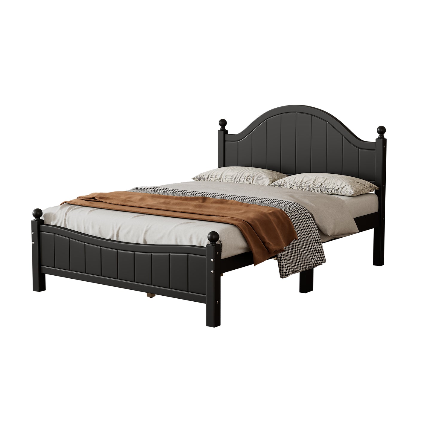 Traditional Concise Style Black Solid Wood Platform Bed, No Need Box Spring, Full