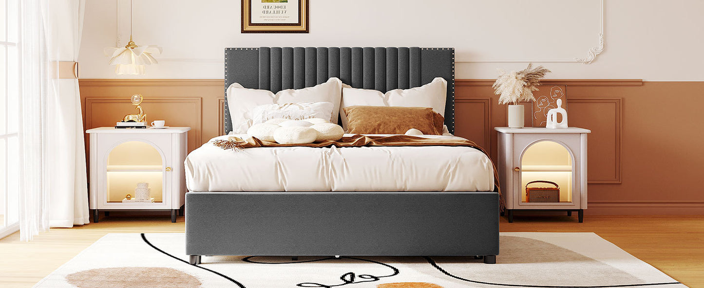 Full Size Upholstered Platform Bed with 2 Drawers and 1 Twin Size Trundle, Classic Headboard Design, Gray