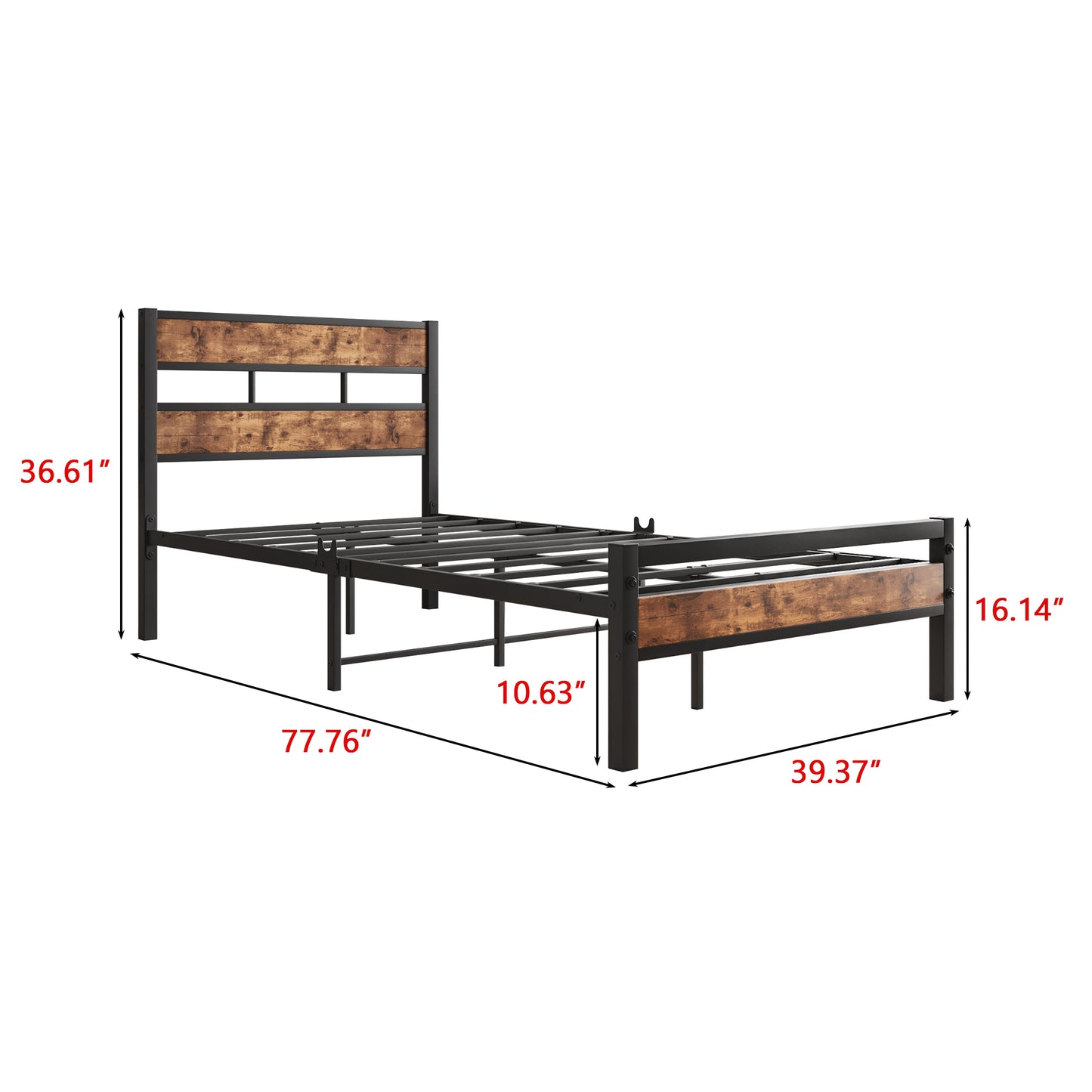 Cadre de lit plateforme double avec tête de lit rustique en bois vintage, support à lattes en métal solide, aucun sommier tapissier nécessaire