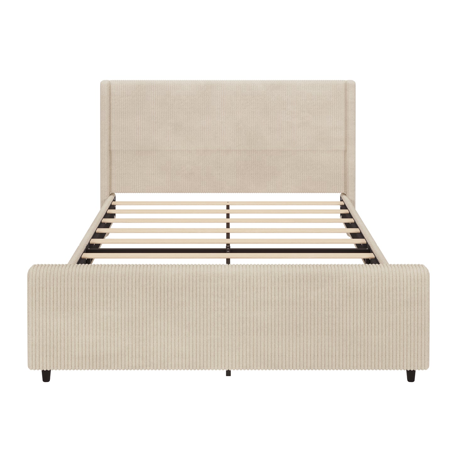 50.7'' High Headboard Corduroy Upholstered Bed Frame with Vertical Stripe Wingback and High Footboard No Box Spring Needed, King Size, Cream