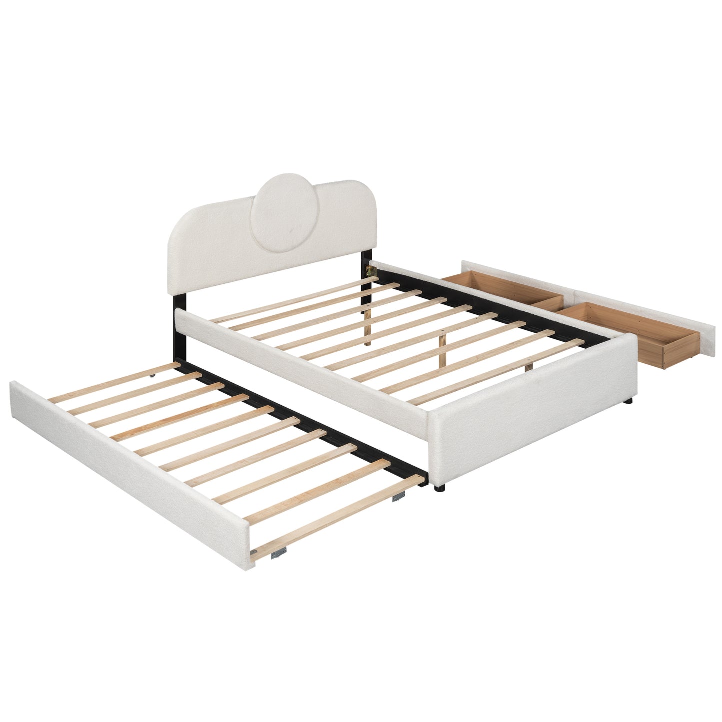 Queen Size Upholstered Platform Bed with Multi-functional Headboard, Trundle and 2 Drawers, White