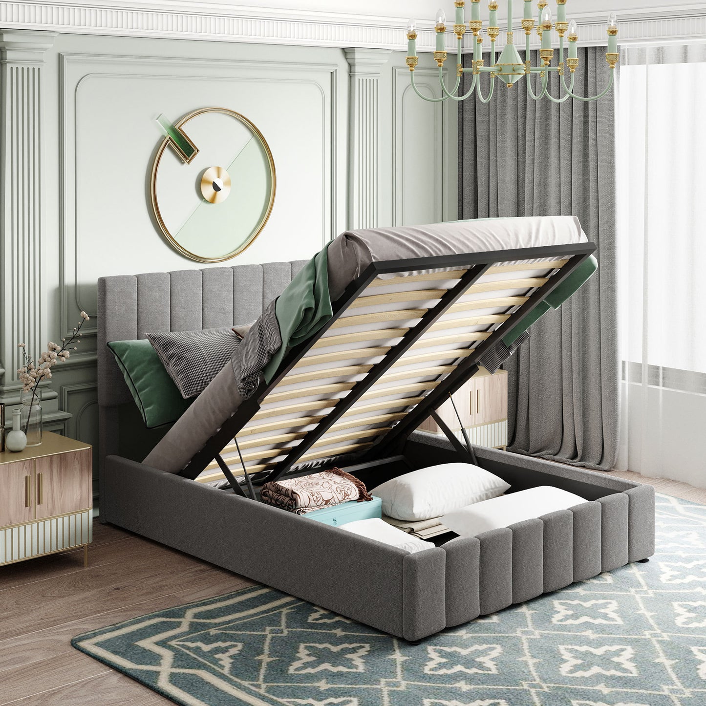 Full size Upholstered Platform bed with a Hydraulic Storage System - Gray