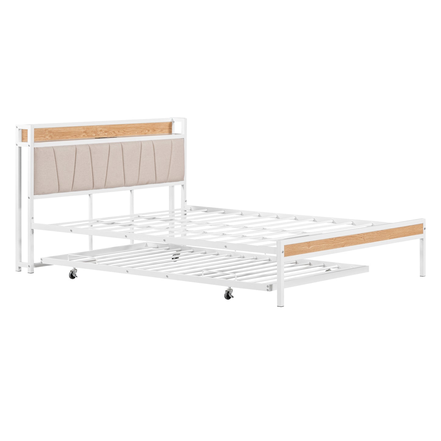 Queen Size Metal Platform Bed Frame with Twin size trundle, Upholstered headboard, Sockets, USB Ports and Slat Support, No Box Spring Needed, White