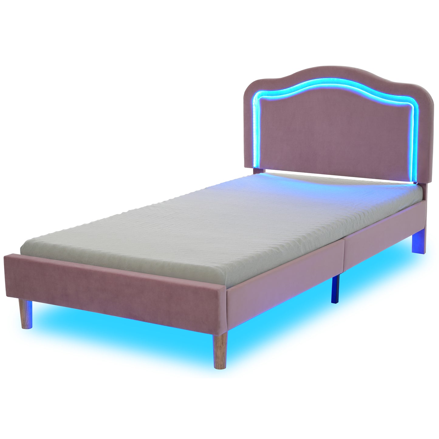 Twin Size Velvet Upholstered Smart LED Bed Frame with Adjustable Height Headboard,No Box Spring Needed,Easy Assembly,Pink