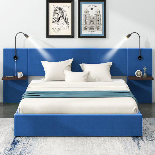 Full Size Storage Upholstered Hydraulic Platform Bed with 2 Shelves, 2 Lights and USB, Blue