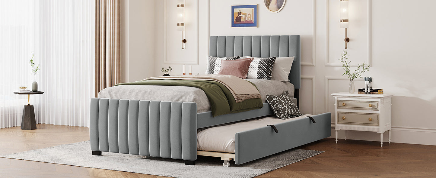 Twin Size Velvet Upholstered Platform Bed with Twin Size Trundle, Gray