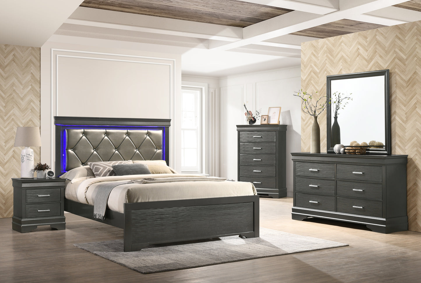 Full 5 Pc Tufted Upholstery LED Bedroom set made with Wood in Gray