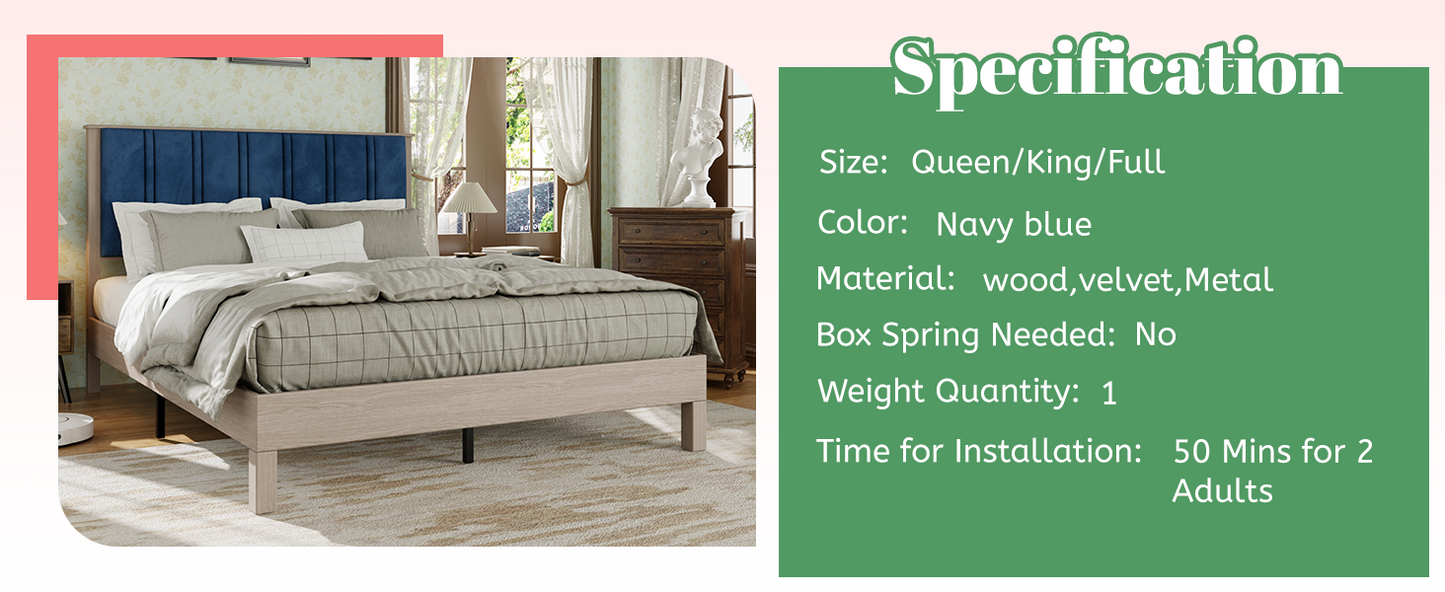 Queen Bed Frame, Wood with Wood Headboard Bed Frame with upholstered headboard /  Wood Foundation with Wood Slat Support / No Box Spring Needed / Easy Assembly