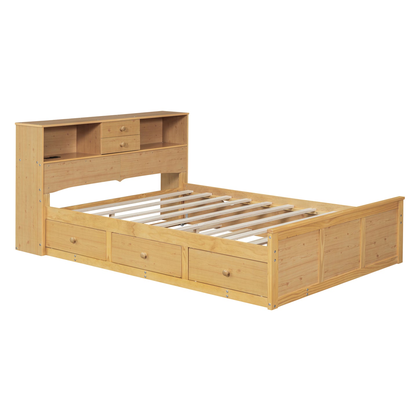 Full Size Wood Pltaform Bed with Twin Size Trundle, 3 Drawers, Upper Shelves and a set of USB Ports & Sockets, Natural