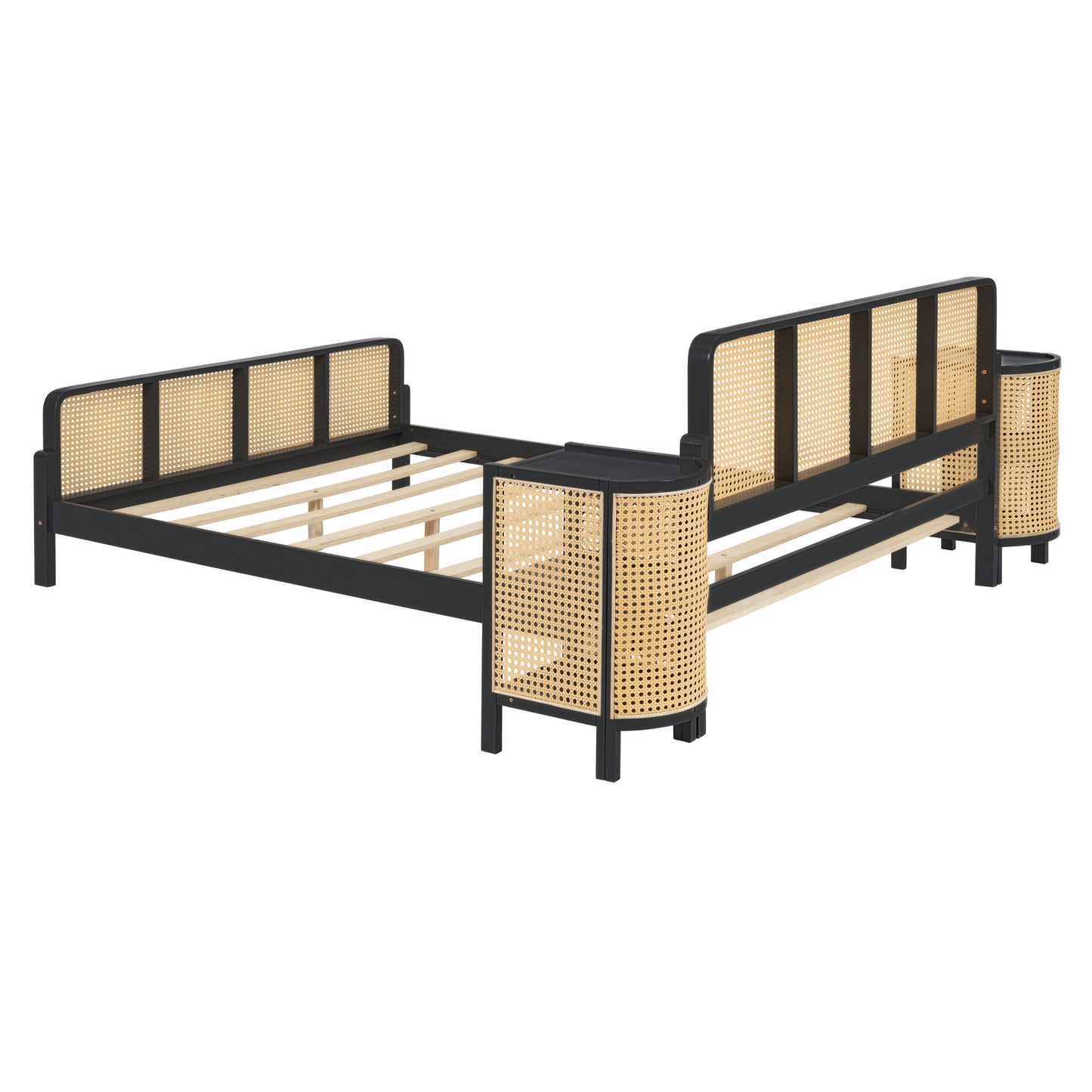 3 Pieces Rattan Platform Full Size Bed With 2 Nightstands,Espresso