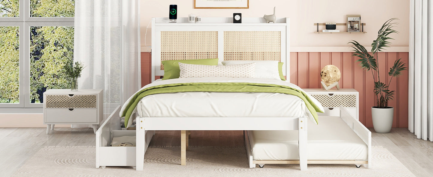 Full Size Elegant Bed Frame with Rattan Headboard and Sockets ,White