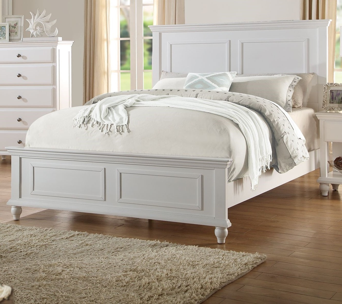 White Color California King Size Bed Bedroom Furniture High Panel Headboard Footboard Plywood 1pc Bedframe