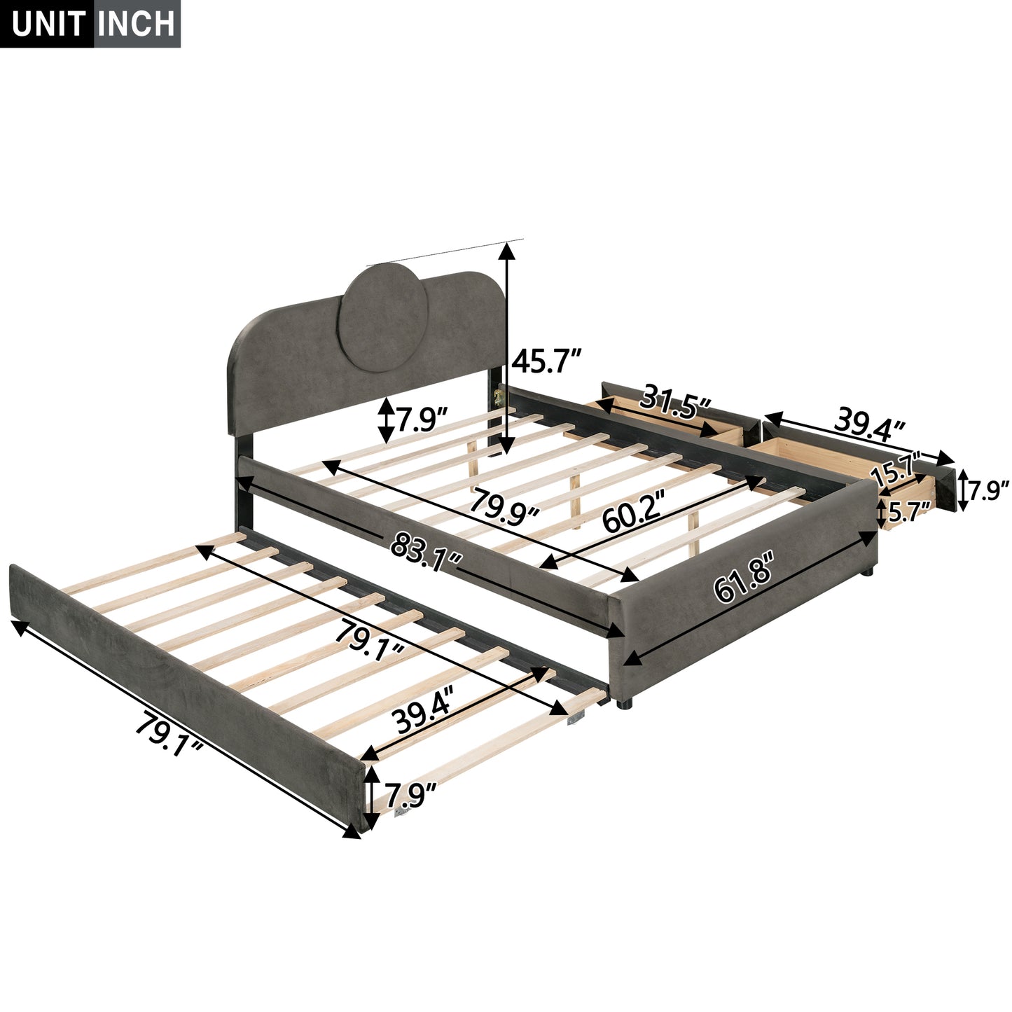 Queen Size Upholstered Platform Bed with Multi-functional Headboard, Trundle and 2 Drawers, Gray