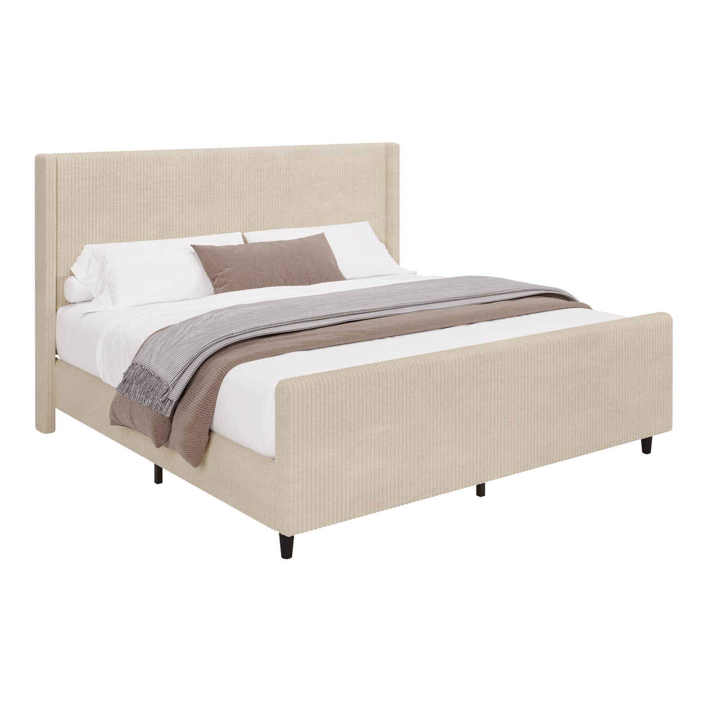 50.7'' High Headboard Corduroy Upholstered Bed Frame with Vertical Stripe Wingback and High Footboard No Box Spring Needed, King Size, Cream